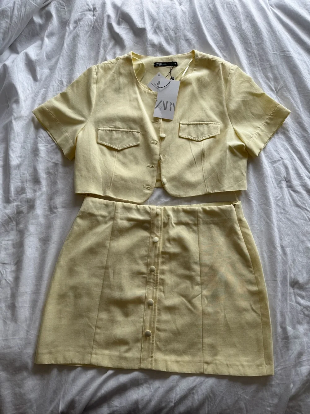 Zara Butter Yellow Linen Blend Co-Ord Set Size L NWT Button Top Mini Skirt - Picture 11 of 16